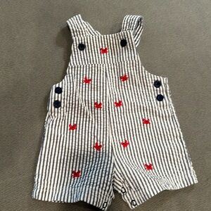 Boys 6M seersucker and lobster overalls